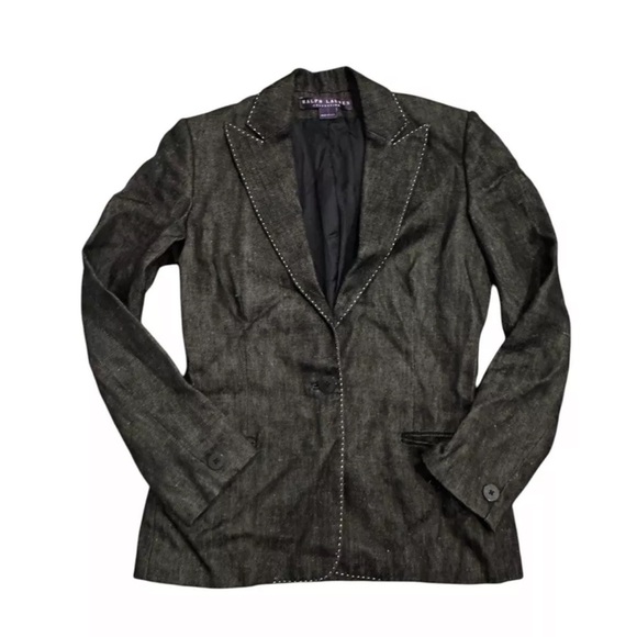 Ralph Lauren Purple Label Womens Button Linen Jacket Sz 2 Charcoal Blazer USA - Picture 1 of 15